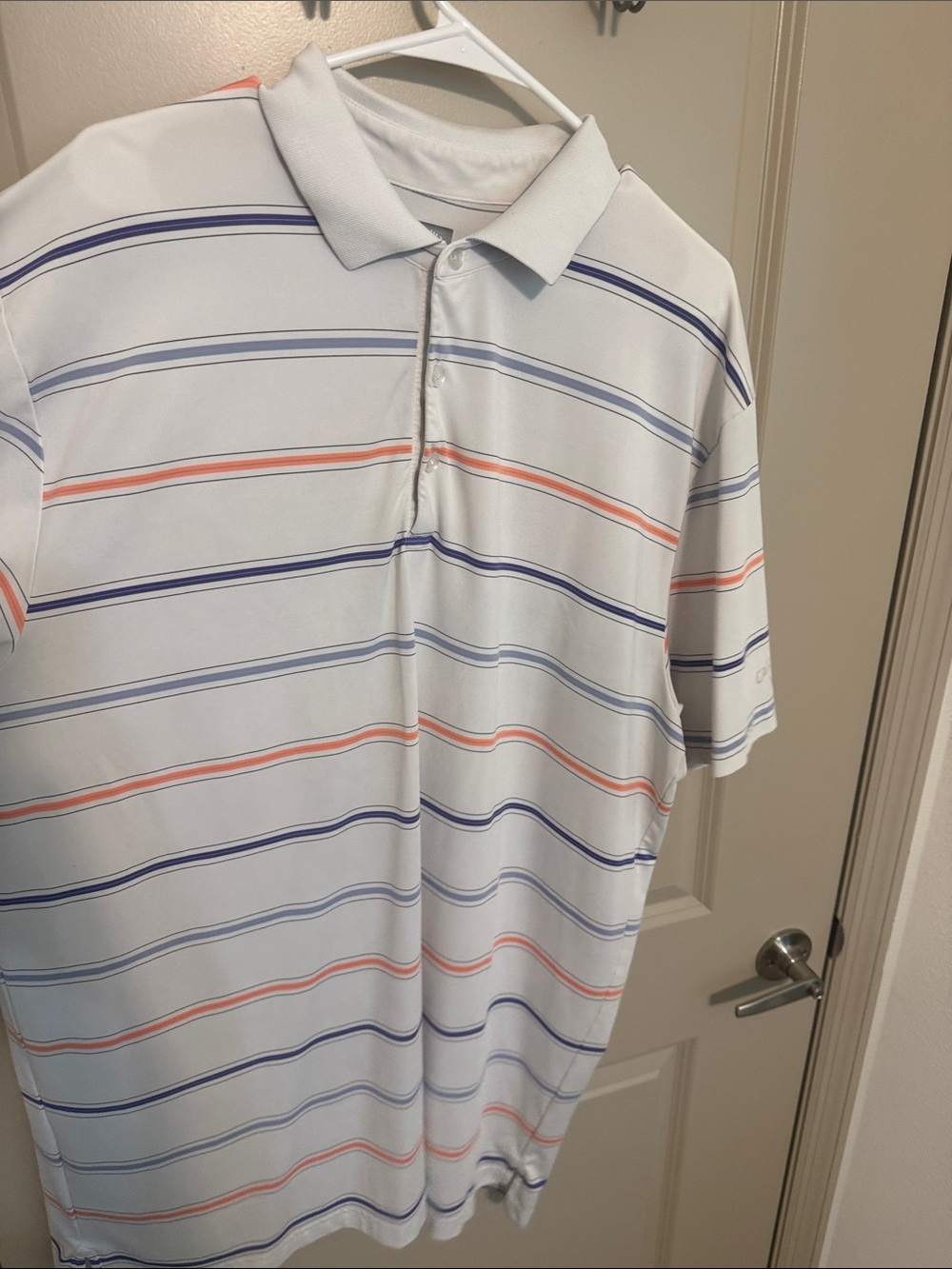 Callaway White Polo with Navy and Coral Stripes